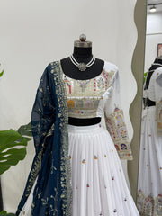 Designer Gorgette Thread Dori work White Color Lehengha Choli