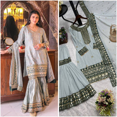 Presenting Fox Georgette Embroidery Sequence Work Grey color Sharara Suit