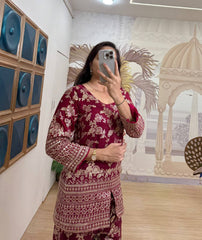 Beautiful Red Color Dola Silk Co-ord Set | Indian Women's Summer Outfit