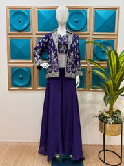 Gorgeous Purple Color Designer Embroidery Chinon Party Wear Koti Plazzo Set
