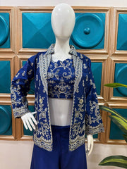 Gorgeous Blue Color Designer Embroidery Chinon Party Wear Koti Plazzo Set