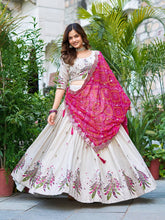 Demanding Embroidery Work Tissue silk White Color Lehenga choli Pink Dupatta
