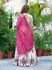 Demanding Embroidery Work Tissue silk White Color Lehenga choli Pink Dupatta