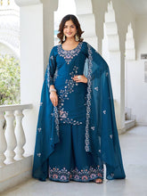 Awesome Moti Work Teal Blue Color Kurti Set With Dupatta