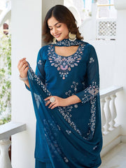 Awesome Moti Work Teal Blue Color Kurti Set With Dupatta