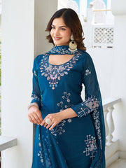 Awesome Moti Work Teal Blue Color Kurti Set With Dupatta