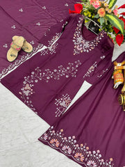 Awesome Moti Work Purple Color Kurti Set With Dupatta