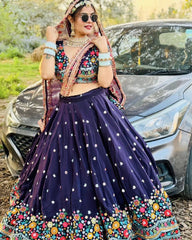 Navratri Special Gorgette Blue Color With Thread Work Lehenga Choli
