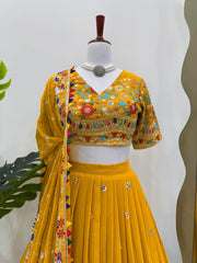 Navratri Special Gorgette Yellow Color With Thread Work Lehenga Choli