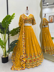 Navratri Special Gorgette Yellow Color With Thread Work Lehenga Choli
