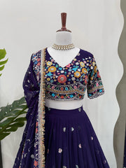Navratri Special Gorgette Blue Color With Thread Work Lehenga Choli