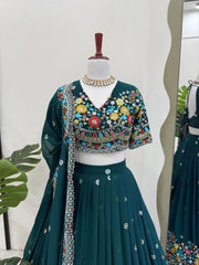 Navratri Special Gorgette Dark Green With Thread Work Lehenga Choli