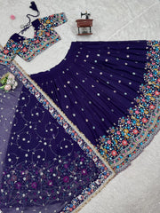 Navratri Special Gorgette Blue Color With Thread Work Lehenga Choli