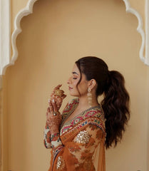 Fashionable Butterfly Net Orange Color Saree