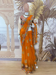 Fashionable Butterfly Net Orange Color Saree