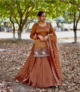 Admiring Embroidery Sequence Work Brown Color Top With Lehenga