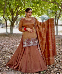 Admiring Embroidery Sequence Work Brown Color Top With Lehenga