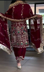 Heavy Embroidery Sequence Work Maroon Color Dhoti Suit