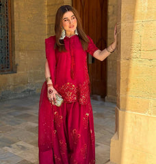Charming Embroidery Work Red Color Palazzo Suit