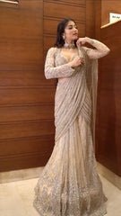Glamorous Beige Butterfly Net Saree with Sequin Embroidery & Full-Stitched Blouse