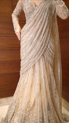 Glamorous Beige Butterfly Net Saree with Sequin Embroidery & Full-Stitched Blouse