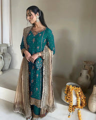 Teal Blue Chinon Sharara Suit Set with Organza Dupatta | Sequin Embroidery