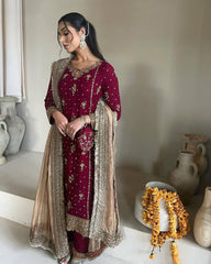 Marron Color Chinon Sharara Suit Set with Organza Dupatta | Sequin Embroidery