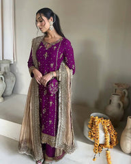 Purple Color Chinon Sharara Suit Set with Organza Dupatta | Sequin Embroidery