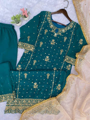Teal Blue Chinon Sharara Suit Set with Organza Dupatta | Sequin Embroidery