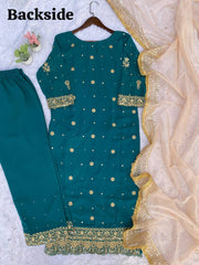 Teal Blue Chinon Sharara Suit Set with Organza Dupatta | Sequin Embroidery