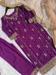 Purple Color Chinon Sharara Suit Set with Organza Dupatta | Sequin Embroidery