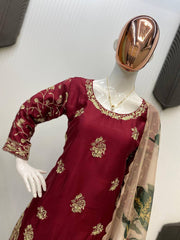 Marron Color Chinon Sharara Suit Set with Organza Dupatta | Sequin Embroidery