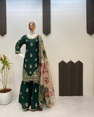 Green Color Chinon Sharara Suit Set with Organza Dupatta | Sequin Embroidery