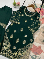 Green Color Chinon Sharara Suit Set with Organza Dupatta | Sequin Embroidery