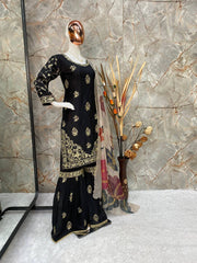 Black Color Chinon Sharara Suit Set with Organza Dupatta | Sequin Embroidery