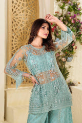 Mint Green Butterfly Net Plazzo Suit with Dual Side Sequin Embroidery