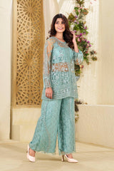 Mint Green Butterfly Net Plazzo Suit with Dual Side Sequin Embroidery
