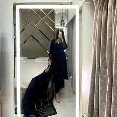 Elegant Black Satin Kurta Set with Embroidery Work & Sequined Dupatta