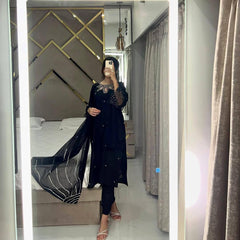 Elegant Black Satin Kurta Set with Embroidery Work & Sequined Dupatta