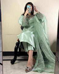 Elegant Moss Green Satin Kurta Set with Embroidery Work & Sequined Dupatta