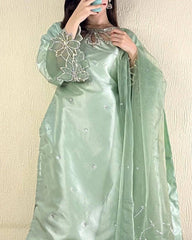 Elegant Moss Green Satin Kurta Set with Embroidery Work & Sequined Dupatta
