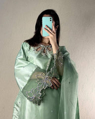 Elegant Moss Green Satin Kurta Set with Embroidery Work & Sequined Dupatta