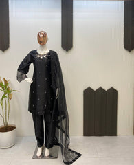 Elegant Black Satin Kurta Set with Embroidery Work & Sequined Dupatta