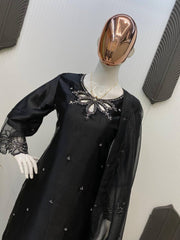 Elegant Black Satin Kurta Set with Embroidery Work & Sequined Dupatta