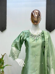 Elegant Moss Green Satin Kurta Set with Embroidery Work & Sequined Dupatta