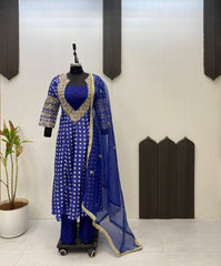 Stylish Blue Digital-Printed Chinon Kurta Set with Mirror Work Free Size Blouse & Pants