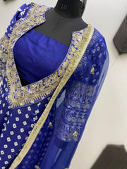 Stylish Blue Digital-Printed Chinon Kurta Set with Mirror Work Free Size Blouse & Pants