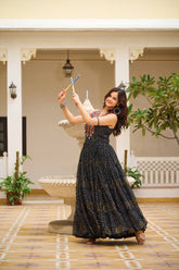 Navratri Special Black Color Bandhani Print Gown with Gamathi & Real Mirror Work