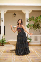 Navratri Special Black Color Bandhani Print Gown with Gamathi & Real Mirror Work
