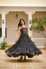 Navratri Special Black Color Bandhani Print Gown with Gamathi & Real Mirror Work